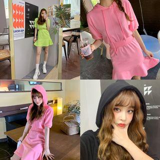 Band-waist Ruffle-hem Hoodie Dress