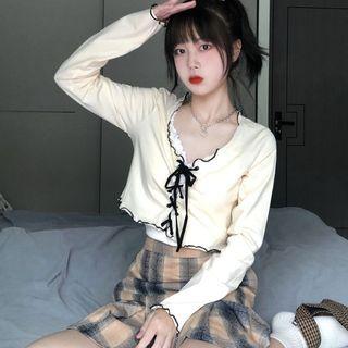 Long-sleeve Lace Up T-shirt / Plaid Mini A-line Skirt / Spaghetti Strap Top