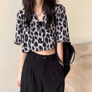 Pocket-front Short-sleeve Leopard Print Shirt As Shown In Figure - One Size