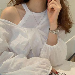 Set: Pinstriped Cropped Blouse + Plain Halter Top White - One Size