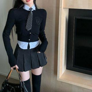 Embroidered Cardigan / Shirt / Striped Tie / Pinstriped Pleated Mini Skirt