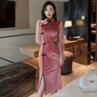 Long-sleeve Velvet Frog Buttoned Qipao Dress