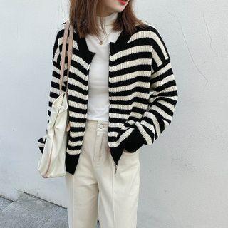 Striped Zip Cardigan Black & Beige - One Size