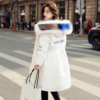 Furry-trim Lettering Embroidered Hooded Padded Coat