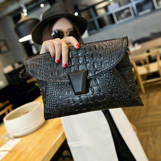 Faux Croc Grain Leather Clutch With Shoulder Strap
