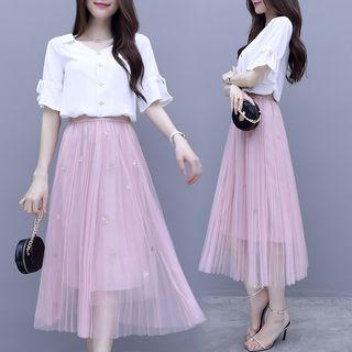 Set: Short-sleeve Shirt + Overlay Midi Skirt