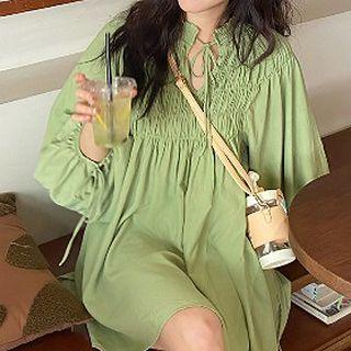 Long-sleeve Shirred Mini A-line Dress Green - One Size