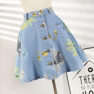 Button-front Print Denim Skirt