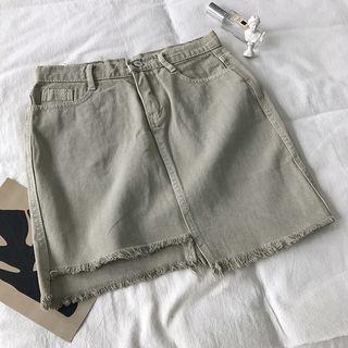 Asymmetric Frayed Hem Mini Denim Skirt