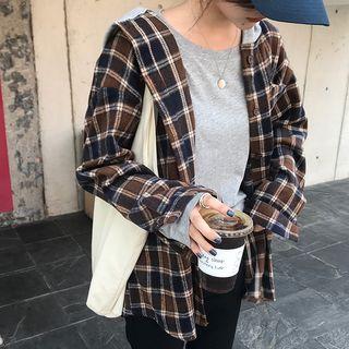 Long-sleeve Plaid Hooded Buttoned Jacket Coffee - One Size