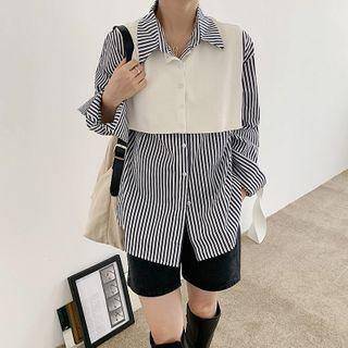 Long-sleeve Striped Shirt / Knit Shawl