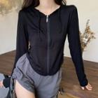 Long-sleeve Plain Round Hem Hooded Top / High Waist Plain Drawstring Shorts