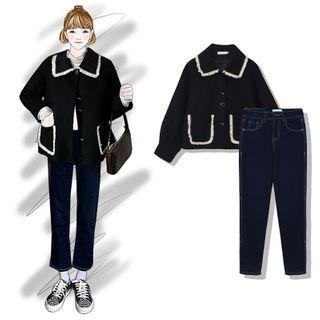 Fringed Trim Button Jacket / Cropped Harem Jeans