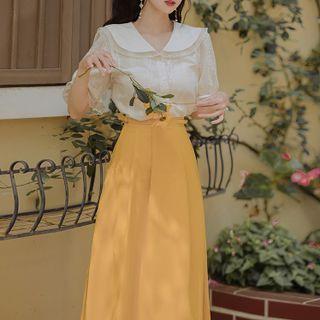 Set: Short-sleeve Sailor Collar Lace Blouse + Midi A-line Skirt