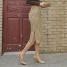 Band-waist Check Knit Skirt Beige - One Size