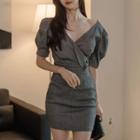 Puff Short-sleeve V-neck Sheath Minidress