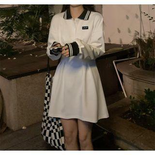 Long-sleeve Contrast Trim Midi A-line Polo Dress