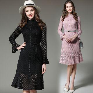 Long-sleeved Crewneck A-line Sheath Plain Panel Lace Long Dress