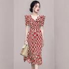Short-sleeve Print Bow Midi A-line Dress