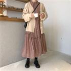 Knit Open-front Cardigan / Floral Long-sleeve Dress