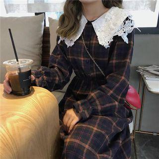 Lace Check Long-sleeve Loose-fit Dress