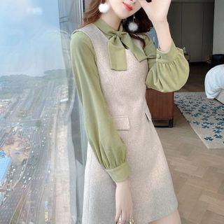 Set: Tie-neck Blouse + Sleeveless Plain Mini Dress