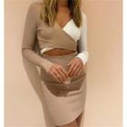 Long-sleeve Wrap Knit Sheath Dress