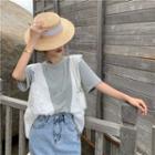 Mock Two-piece Short-sleeve Eyelet Lace T-shirt White & Gray - One Size