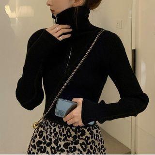 Turtleneck Half-zip Knit Crop Top