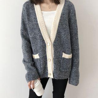 Contrast-panel Cardigan Grayish Blue - One Size