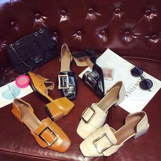 Buckled Faux-leather Square-toe Low-heel Loafers