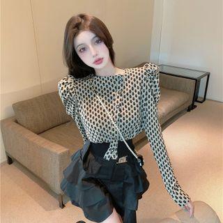 Round-neck Floral Button-up Blouse / High-waist Plain Wide Leg Shorts
