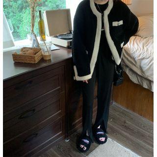 Long-sleeve Contrast Trim Fleece Jacket Black - One Size