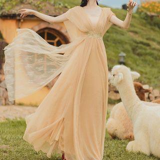 Short-sleeve V-neck Chiffon Maxi Dress