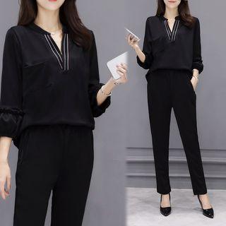 Set: Long-sleeve V-neck Blouse + Harem Pants