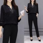 Set: Long-sleeve V-neck Blouse + Harem Pants