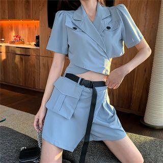 Puff-sleeve Wrapped Crop Top / Asymmetric Skort With Belt
