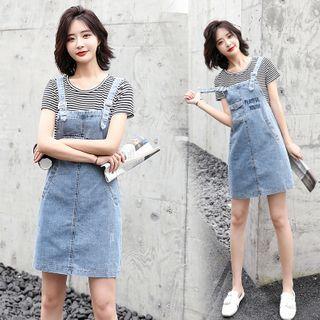 Set: Short-sleeve T-shirt + Mini A-line Denim Jumper Dress