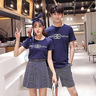 Couple Matching Lettering T-shirt / Striped Mini Skirt / Shorts / Set