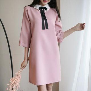 Bow-collar 3/4-sleeve Shift Dress