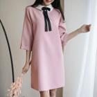 Bow-collar 3/4-sleeve Shift Dress