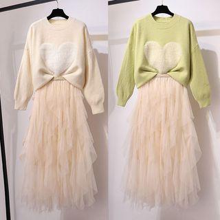 Heart Applique Sweater / Layered Midi Mesh Skirt / Set