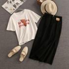 Set: Short-sleeve Bear Print T-shirt + Midi Denim Pencil Skirt