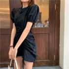 Short-sleeve Drawstring Mini A-line Dress Black - One Size
