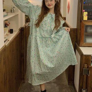 Puff-sleeve Striped Floral Print Midi A-line Dress