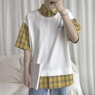 Mock Two-piece Elbow-sleeve Plaid Paneled Top