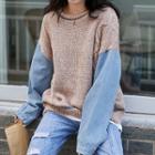 Mock Two-piece Denim Panel Sweater Light Pink - One Size