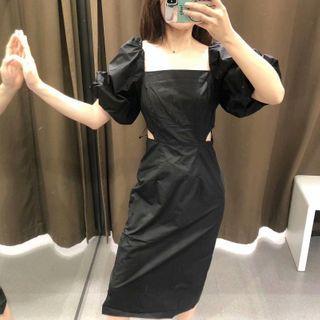Cut-out Puff-sleeve Midi Sheath Dress