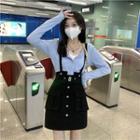 Mock Two-piece Lace Back Heart Panel Knit Top / Plain Jumper Skirt