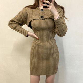 Set: Sleeveless Knit Mini Sheath Dress + Cropped Cardigan